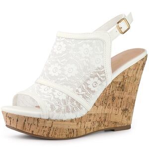 Lace Platform Heel Slingback Wedges Sandals White
